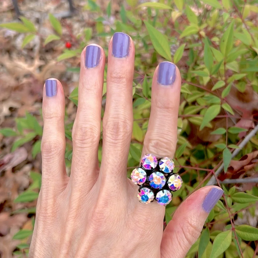 Aurora Borealis Antique Brass Crystal Flower Statement Cocktail Ring